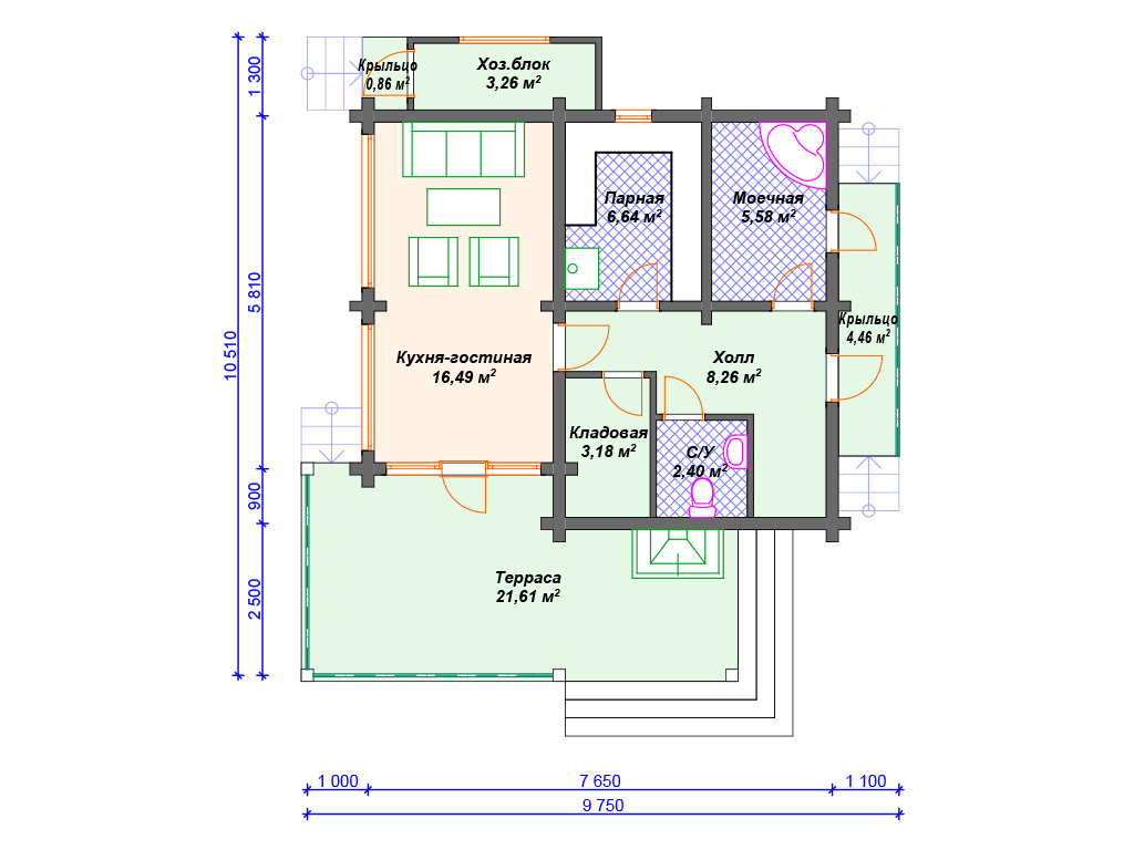 Рекомендуемая планировка бани из бруса «Адамант»