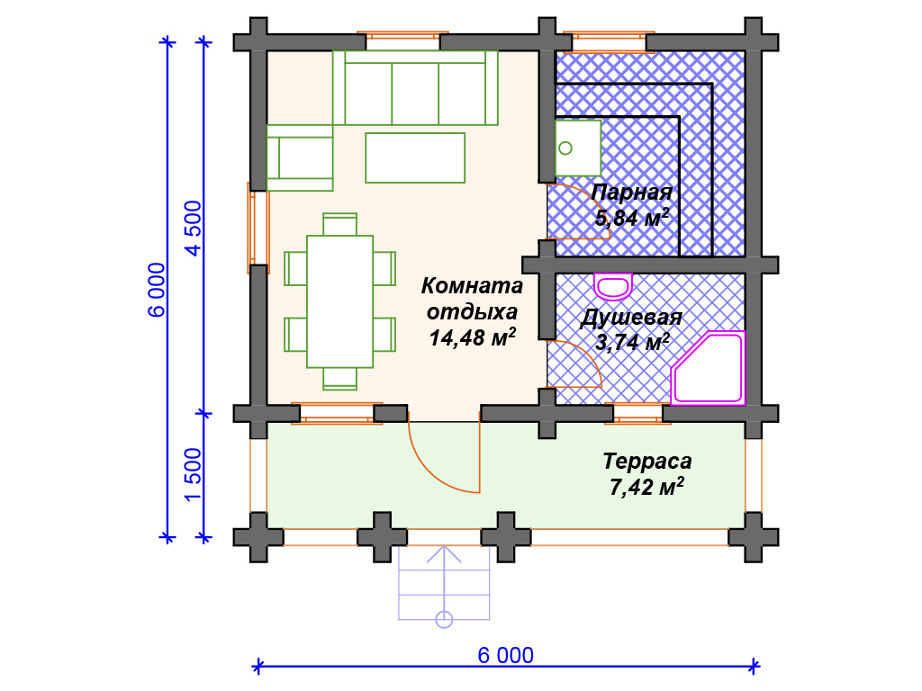 Рекомендуемая планировка бани из бруса «Денница»