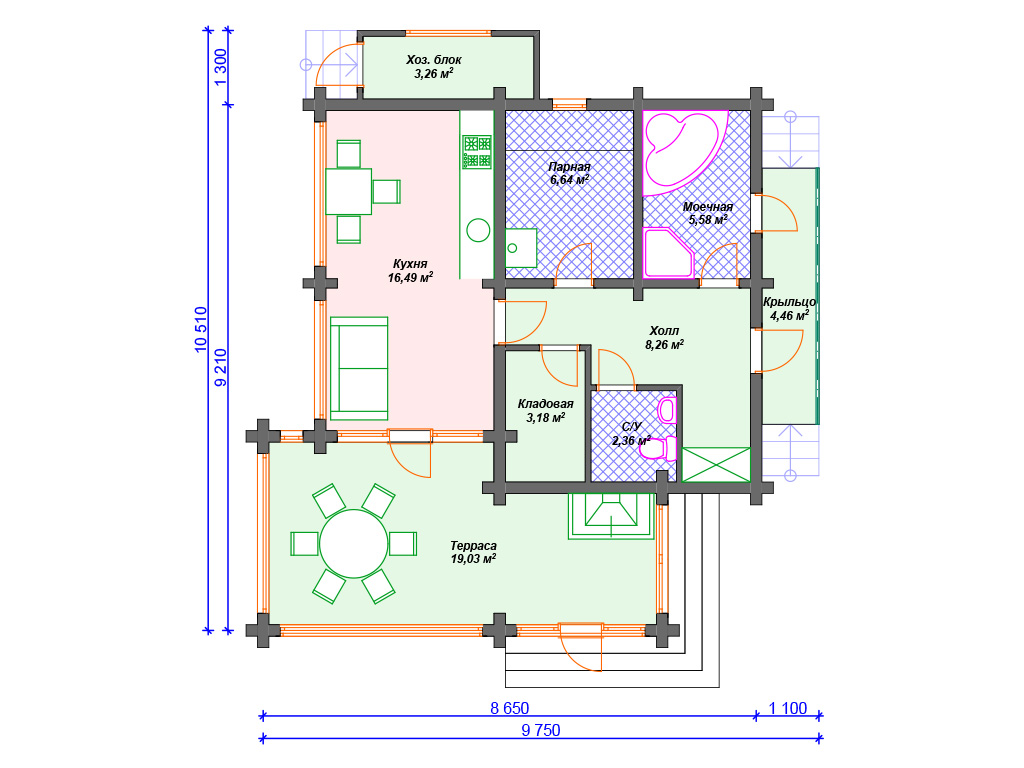 Рекомендуемая планировка бани из бруса «Верди»