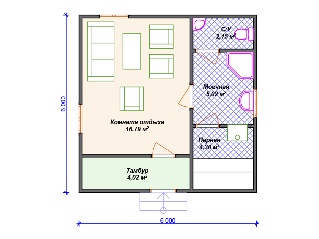 Рекомендуемая планировка каркасной бани «Амарант»