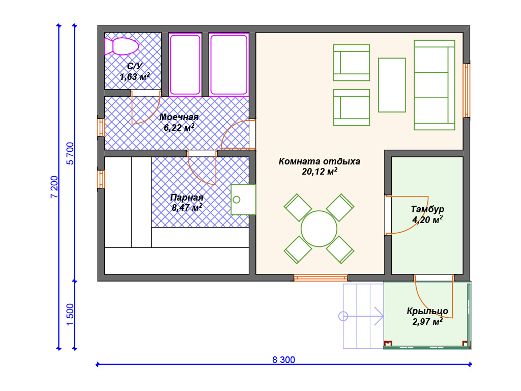 Рекомендуемая планировка каркасной бани «Велий»