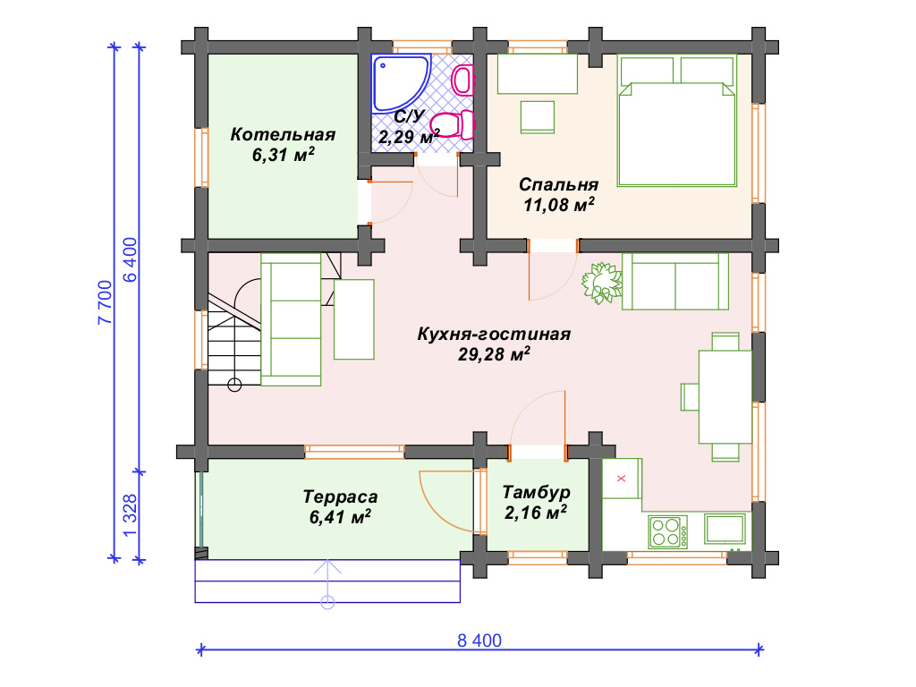 Рекомендуемая планировка дома из бруса «Премьер»