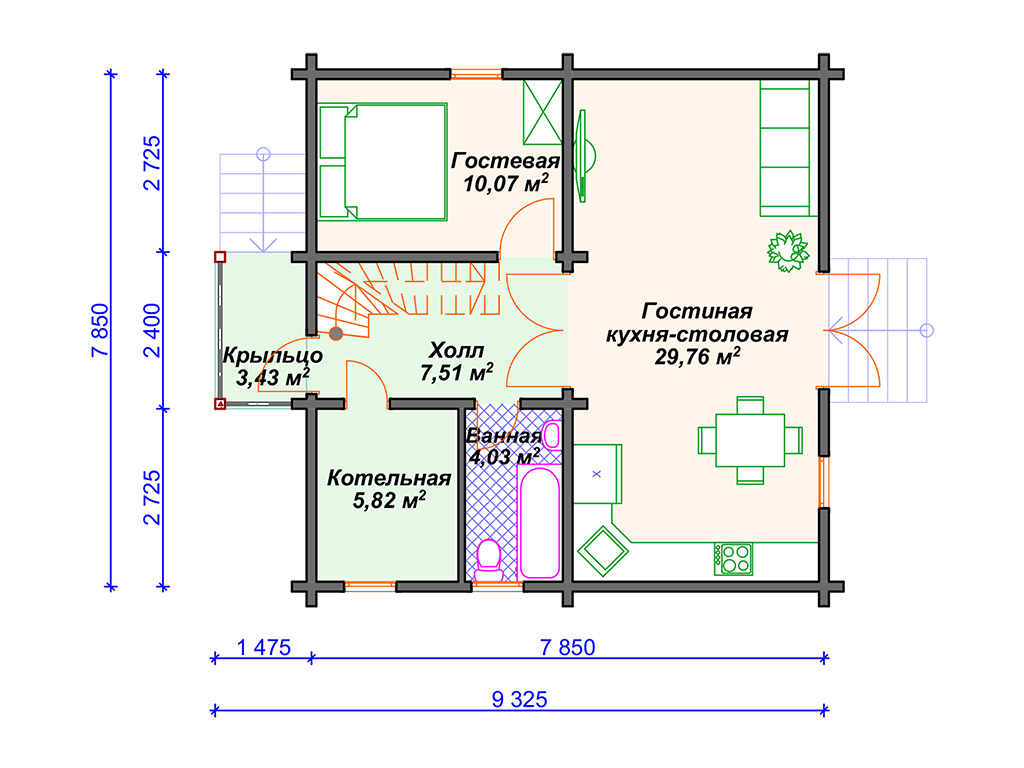 Рекомендуемая планировка дома из бруса «Оникс»