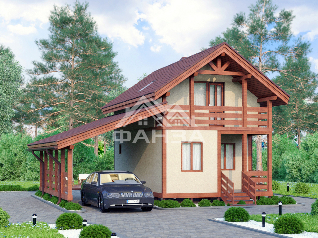 Проект «Гавань» | Каркасный дом 5х8 с навесом для машин